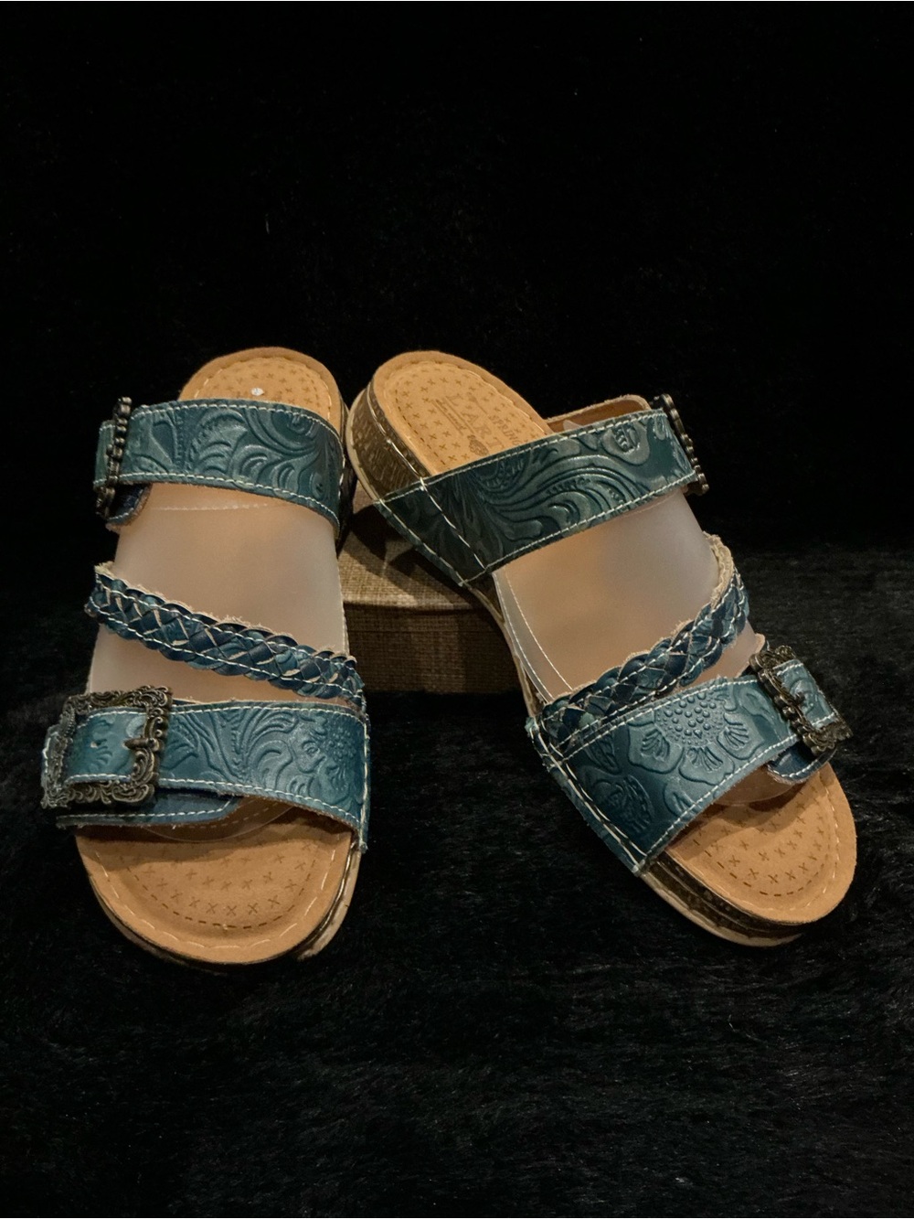 L’Artiste Astra Embroidered Denim Look Braided-Strap Women's Slide Sandals